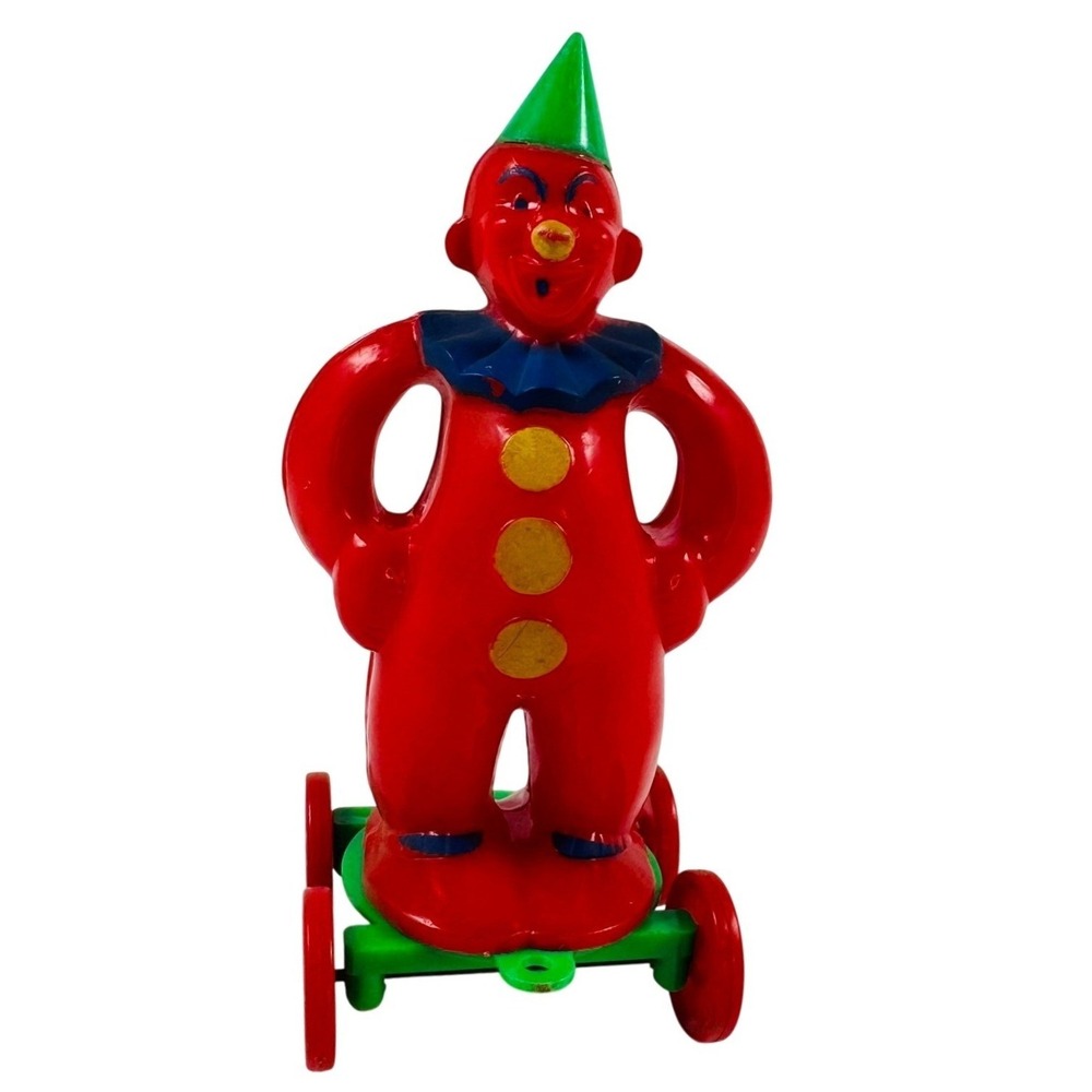 Vintage Red Plastic Clown Pull Toy in Wheels Mid Century Kitsch Retro Circus 50s